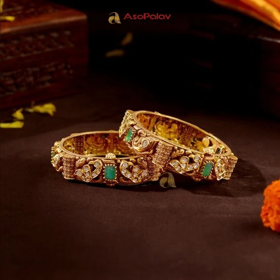 22K Floral Emerald Gold Bangles for Bridal & Festive Wear